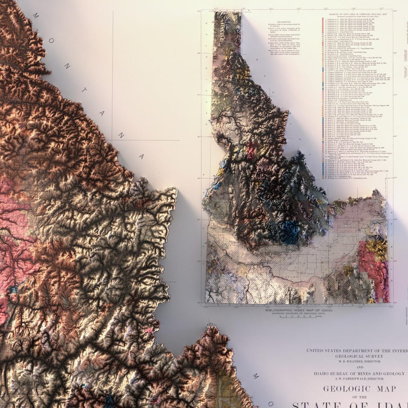 May include: A detailed geologic map of Idaho, featuring a 3D topographic representation with varied colors. The map includes text indicating the United States Department of the Interior and the Idaho Bureau of Mines and Geology.