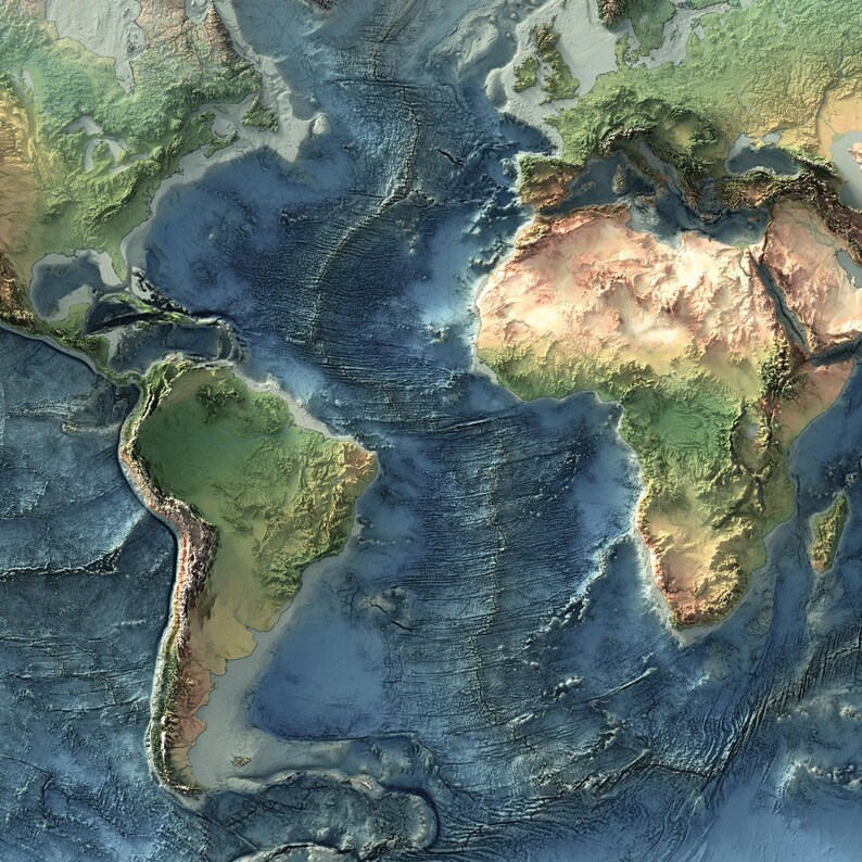 World Map: Natural Topography Wall Art Print with Realistic Relief and Ocean Detail image 8