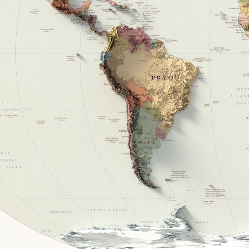 Mapa Político Mundial: Impressão Topográfica de Elevação, Arte de Parede em Relevo, Decoração de Escritório imagem 5