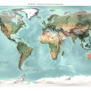 世界地図：詳細な国名、政治的境界線、自然地形、壁掛け装飾、地図アートプリント