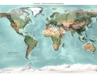 The World Map: Detailed Countries, Political Boundaries and Natural Topography, Wall Decor, Map Art Print