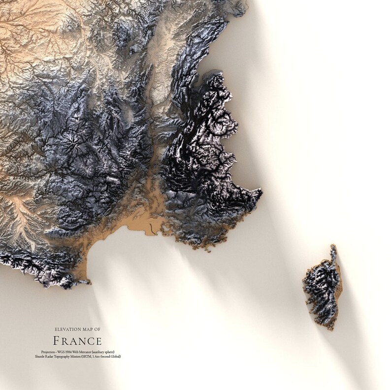 Mapa topográfico de Francia con colores: Arte mural geográfico moderno con alzado. imagen 6