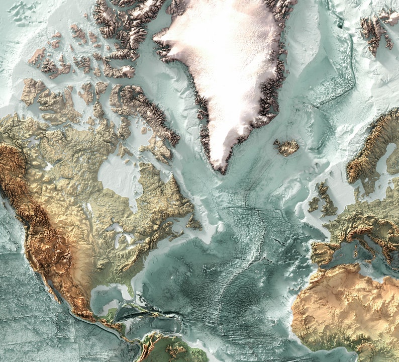 Może przedstawiać: Szczeg&oacute;łowa mapa topograficzna Ameryki P&oacute;łnocnej, przedstawiająca lądy w odcieniach brązu i zieleni, a ocean w odcieniach błękitu. Mapa podkreśla kształt kontynentu i otaczające go zbiorniki wodne.