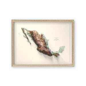 May include: Framed 3D relief map of Mexico, showcasing the country's topography. The map features varying shades of brown and green, with a cream-colored background. The frame is a light gold color, adding a touch of elegance to the artwork.