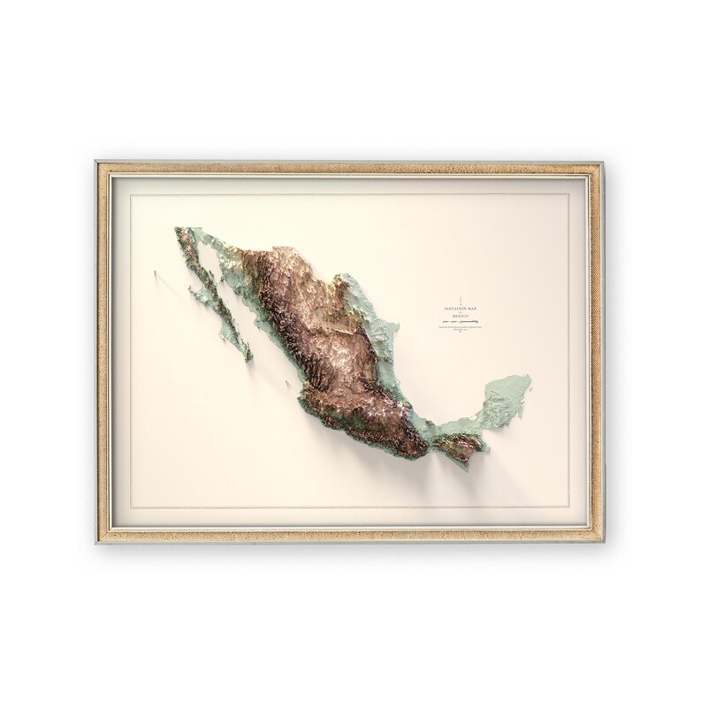 May include: Framed 3D relief map of Mexico, showcasing the country's topography. The map features varying shades of brown and green, with a cream-colored background. The frame is a light gold color, adding a touch of elegance to the artwork.