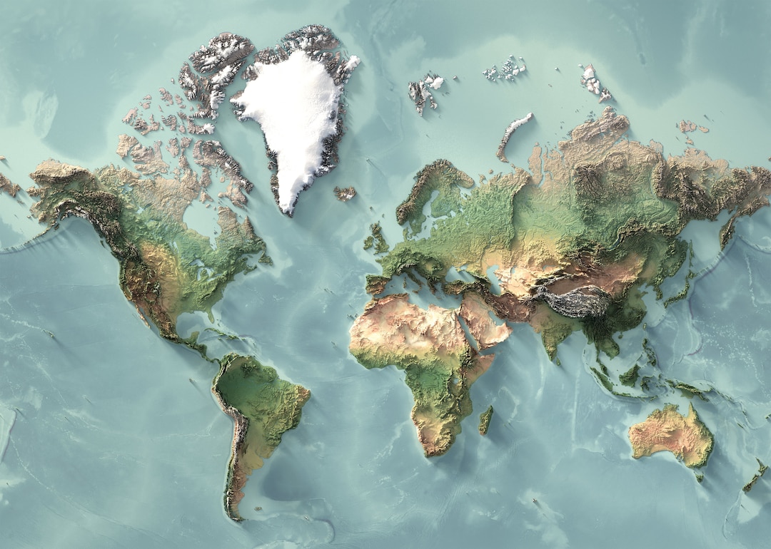 The World Satellite Map flat Ocean Wall Decor Topography Giclée Print