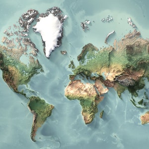 La carte satellite du monde (océan plat) - décoration murale - topographie - impression d'art - cadeau unique