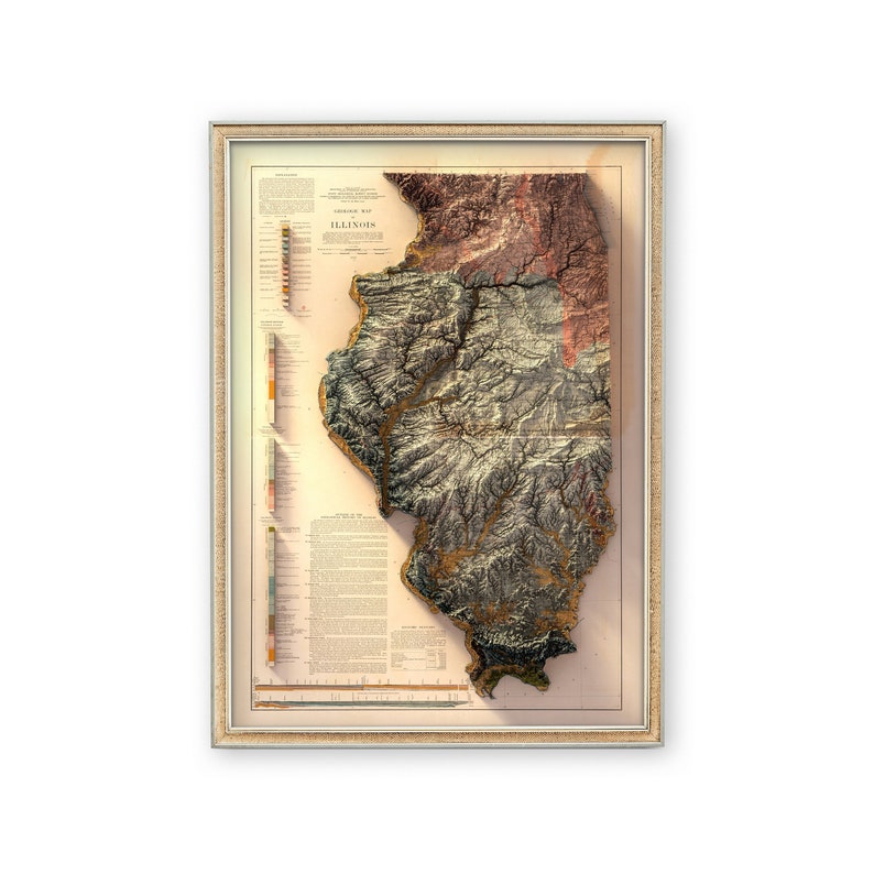 May include: A vintage-style, three-dimensional relief map of the state of Illinois. The map is framed in a light wood frame and features a detailed topographic representation of the state's landscape. The map is printed on a cream-colored paper with brown and green hues.