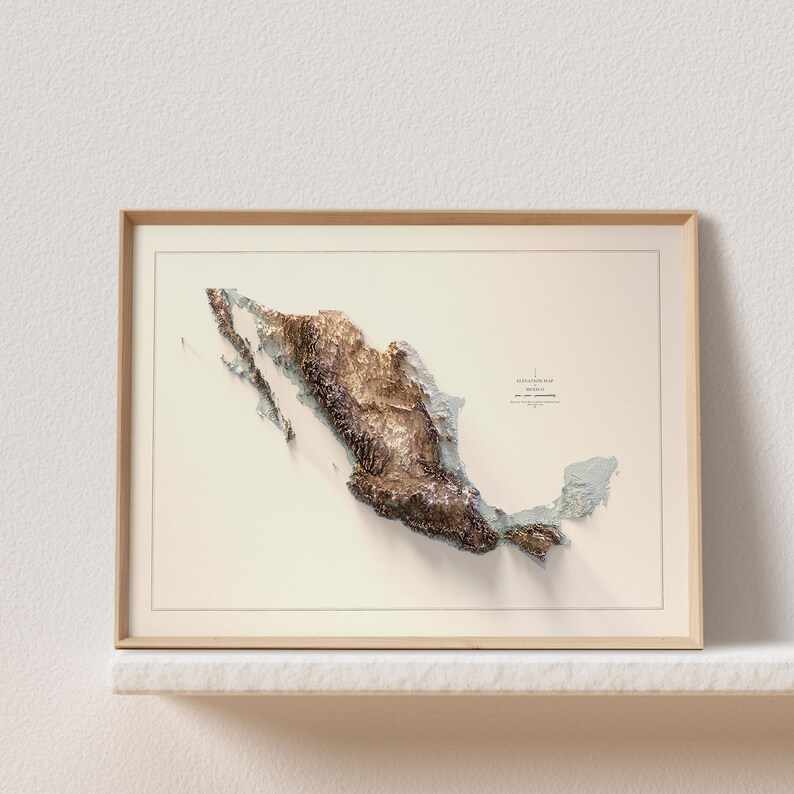 A framed poster mockup image of Mexico Elevation Map - Topography Map - Wall Decor Art Print