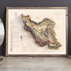 May include: A vintage-style, framed map of Iran with a 3D relief design. The map is printed on cream-coloured paper with brown, green, and beige colours. The map is titled "Geological Map of Iran" and includes a legend with geological information.
