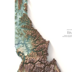May include: A 3D topographic map of the state of Idaho, showing the elevation of the land. The map is in shades of green, brown, and blue, with the highest elevations shown in brown and the lowest elevations shown in blue.