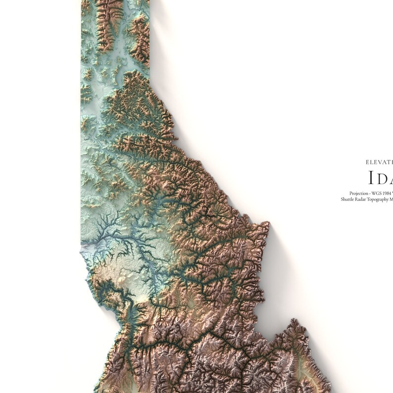 May include: A 3D topographic map of the state of Idaho, showing the elevation of the land. The map is in shades of green, brown, and blue, with the highest elevations shown in brown and the lowest elevations shown in blue.