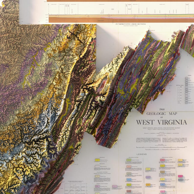 Puede incluir: Un mapa geol&oacute;gico de Virginia Occidental de 1968, con un modelo de relieve 3D que muestra formaciones geol&oacute;gicas codificadas por colores. El mapa incluye secciones transversales interpretativas y una leyenda, mostrando la topograf&iacute;a del estado.