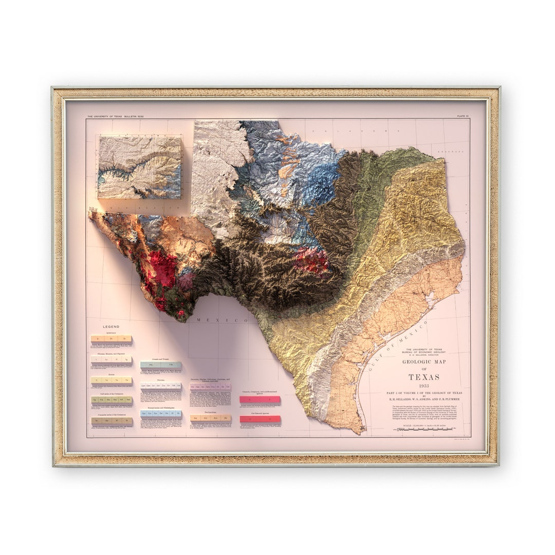 Texas Geological Map 1933 Wall Decor Topography Giclée Print on Fine Art Paper Unique Gift 3D