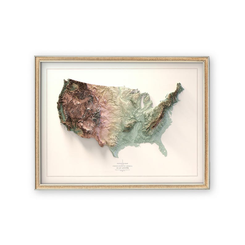 United States minimal map showing the detailed topography ofthe country. Wall decor gift idea for home or offiice spaces.