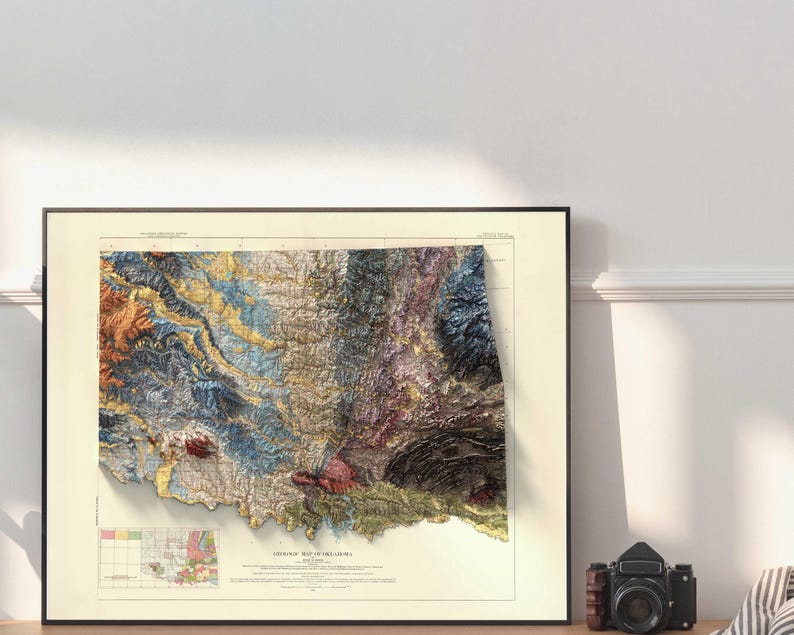 Oklahoma Geological Map Art Print: Vintage Topographic Terrain image 2