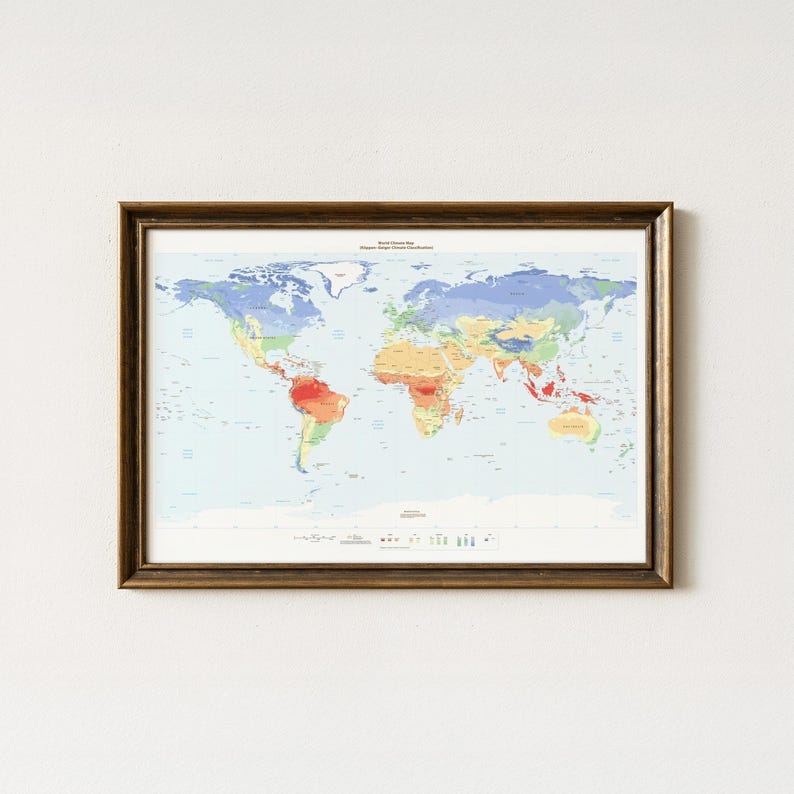May include: A framed world climate map featuring the K&ouml;ppen-Geiger climate classification system. The map displays various regions in shades of blue, green, yellow, orange, and red, with a legend at the bottom and text titled World Climate Map.