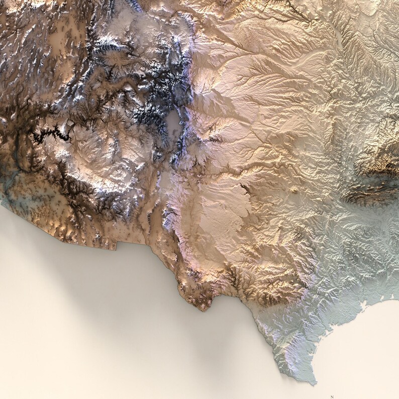 Pode incluir: Um mapa topogr&aacute;fico detalhado do sudoeste dos Estados Unidos, mostrando as mudan&ccedil;as de eleva&ccedil;&atilde;o na paisagem. O mapa &eacute; impresso em tons de marrom, bege e azul, com um fundo branco.