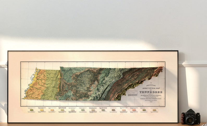 May include: A framed vintage map of Tennessee with a relief map style showing the state's topography. The map is in a black frame and has a light peach background. The map is titled "A Preliminary Agricultural Map of Tennessee".