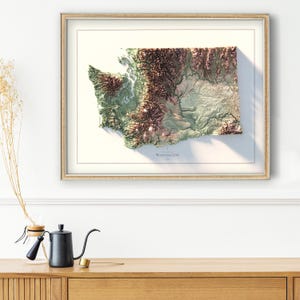 Washington State elevation map (framed)