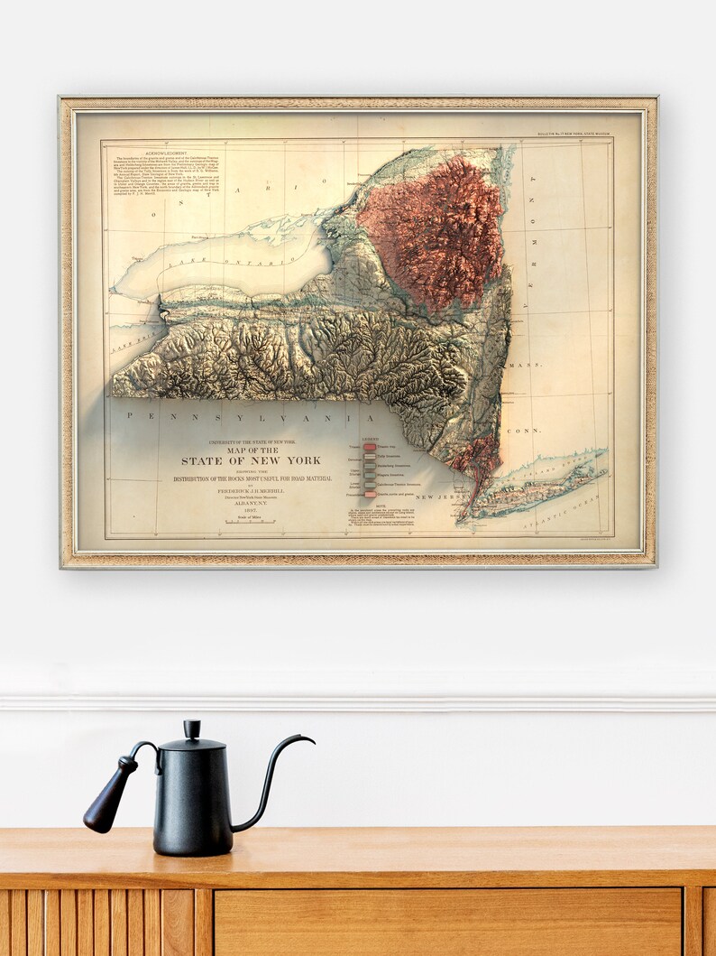 May include: Framed vintage map of New York State with a 3D relief effect, showcasing the state's topography. The map is in a gold frame and hangs above a wooden cabinet. A black gooseneck kettle with a wooden handle sits on the cabinet.