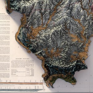 May include: A detailed, three-dimensional map of a landmass, likely a state or region, with textured relief. The map features shades of gray, brown, and green, highlighting geographical features. Text on the map includes "ILLINOIS" and "ECONOMIC FEATURES".