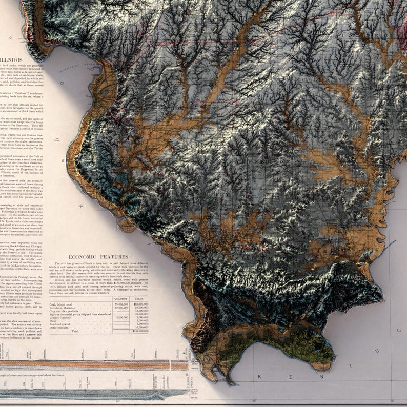 May include: A detailed, three-dimensional map of a landmass, likely a state or region, with textured relief. The map features shades of gray, brown, and green, highlighting geographical features. Text on the map includes "ILLINOIS" and "ECONOMIC FEATURES".