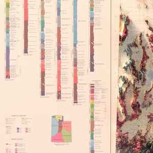 May include: A geological map of the Wasatch Mountains in Utah, showing the different rock formations and their ages. The map includes a cross-section of the mountains, showing the different layers of rock. The map also includes a legend explaining the different colors and symbols used on the map.
