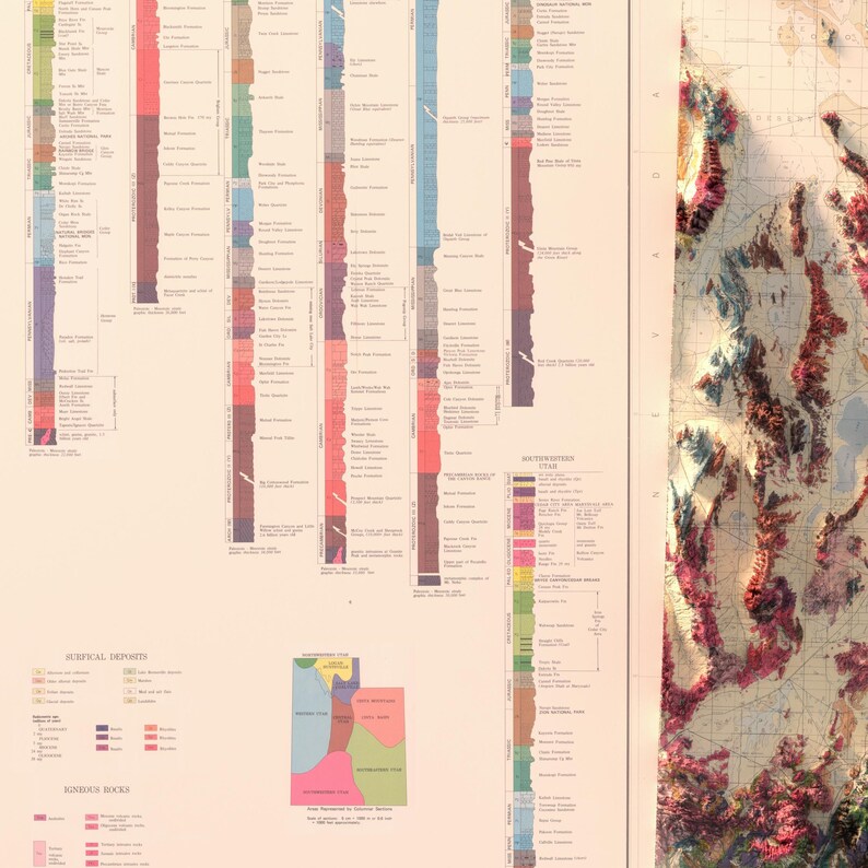 May include: A geological map of the Wasatch Mountains in Utah, showing the different rock formations and their ages. The map includes a cross-section of the mountains, showing the different layers of rock. The map also includes a legend explaining the different colors and symbols used on the map.