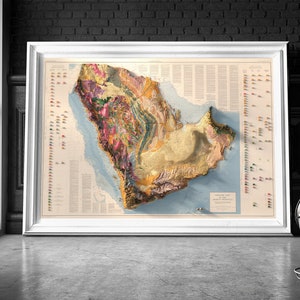 May include: A detailed, colourful, 3D relief map of Saudi Arabia, framed in white, with a legend and key on the right side. The map shows the geological formations and features of the country.