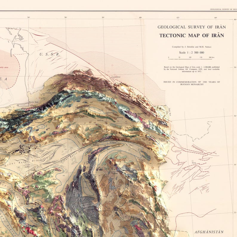 May include: A vintage map of Iran, depicting the tectonic plates of the country. The map is titled "Geological Survey of Iran, Tectonic Map of Iran." The map is dated 1973 and was issued to commemorate 250 years of Iranian monarchy.