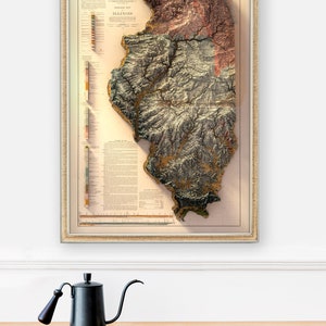May include: A vintage framed map of Illinois with a 3D relief design. The map is in shades of brown, green, and red, with a key to the different elevations. The map is titled "Geological Map of Illinois".