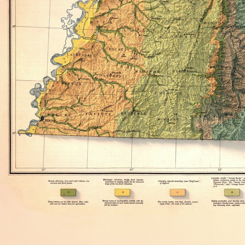 May include: A vintage map of West Tennessee, showing the different soil types and their characteristics. The map is divided into 10 sections, each with a different color and description. The map is labeled with the names of the counties and the state of Tennessee.