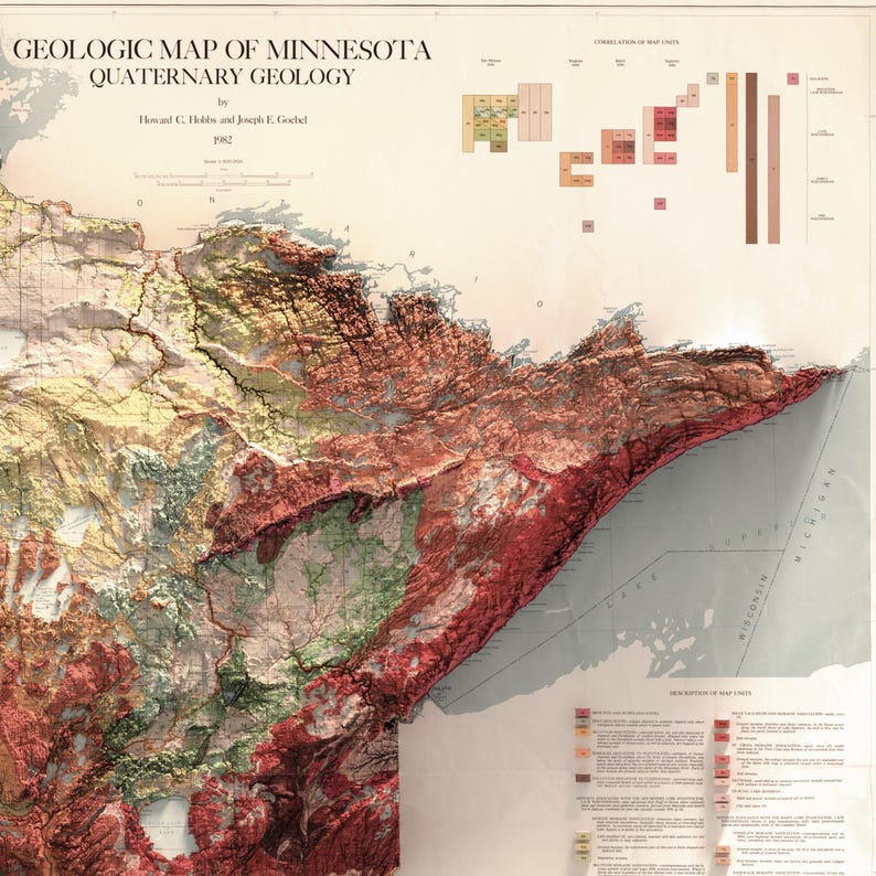 Geological Map of Minnesota (1982) – Vintage Quaternary Geology Print – Relief Effect Earth Science Art image 9