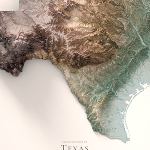 Może przedstawiać: Mapa topograficzny Teksasu z gradientem kolor&oacute;w pokazującym zmiany wysokości. Mapa jest wydrukowana na białym tle z tekstem "ELEVATION MAP OF TEXAS" na dole.