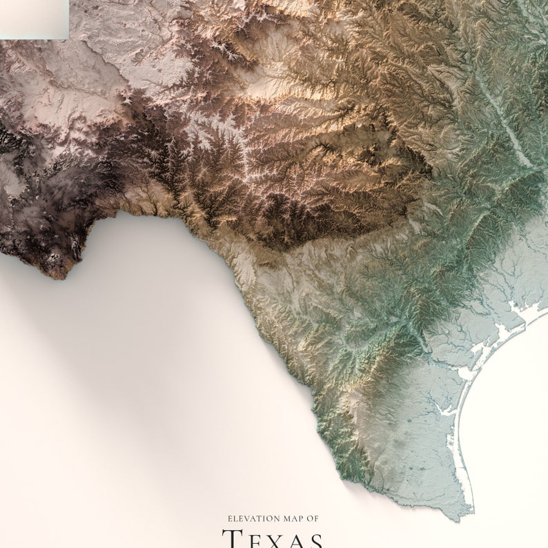 Może przedstawiać: Mapa topograficzny Teksasu z gradientem kolor&oacute;w pokazującym zmiany wysokości. Mapa jest wydrukowana na białym tle z tekstem "ELEVATION MAP OF TEXAS" na dole.