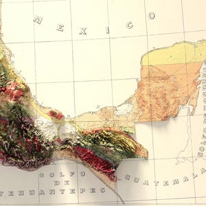 May include: A vintage map of Mexico and Central America, showing the Gulf of Tehuantepec and the Gulf of Honduras. The map is divided into sections with different colors, indicating different geological formations. The map is labeled with the names of the regions and bodies of water.