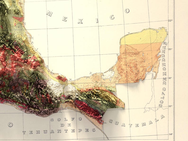May include: A vintage map of Mexico and Central America, showing the Gulf of Tehuantepec and the Gulf of Honduras. The map is divided into sections with different colors, indicating different geological formations. The map is labeled with the names of the regions and bodies of water.