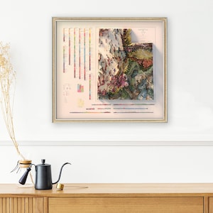 May include: A framed vintage-style geological map of the Grand Canyon, featuring a 3D relief map and a color-coded key showing different rock formations.