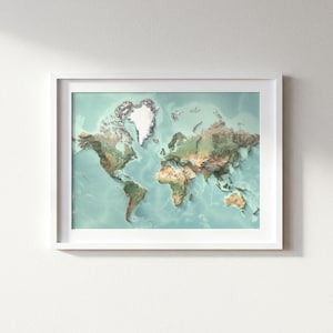 Weltkarte Wandkunst, Relief-Stil Weltkarte (flacher Ozean) Druck, großes topographisches Weltkarten Poster, Erdhöhen Karte, Büro Wandkunst Bild 5