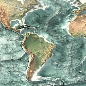 May include: A detailed topographic map of South America, showing the continent's landforms and the surrounding ocean floor. The map is colored in shades of green, brown, and blue, with white lines indicating the boundaries of tectonic plates.