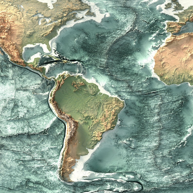 May include: A detailed topographic map of South America, showing the continent's landforms and the surrounding ocean floor. The map is colored in shades of green, brown, and blue, with white lines indicating the boundaries of tectonic plates.