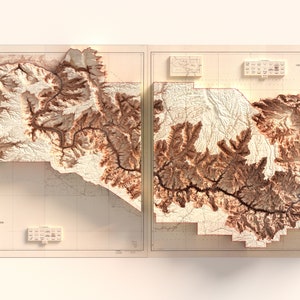 May include: Two-panel relief map of the Grand Canyon National Park, Arizona. The map features detailed topography in shades of brown and beige, with labeled areas and a vintage aesthetic. The map is displayed on a light background.