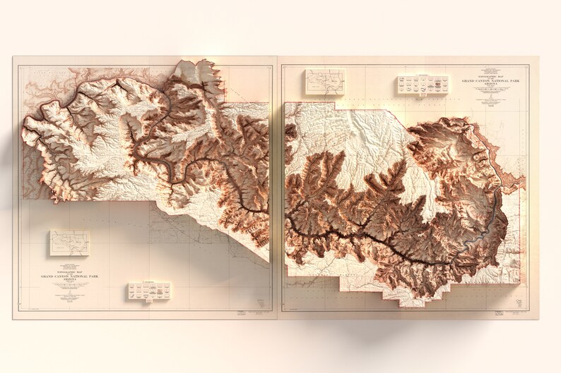 May include: Two-panel relief map of the Grand Canyon National Park, Arizona. The map features detailed topography in shades of brown and beige, with labeled areas and a vintage aesthetic. The map is displayed on a light background.