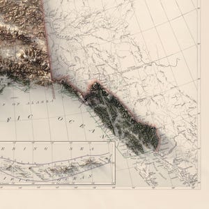 May include: A detailed relief map of Alaska and parts of Canada, showcasing mountainous terrain and coastal regions. The map features a vintage aesthetic with shaded relief, highlighting geographical features. The Bering Sea and Pacific Ocean are labeled.