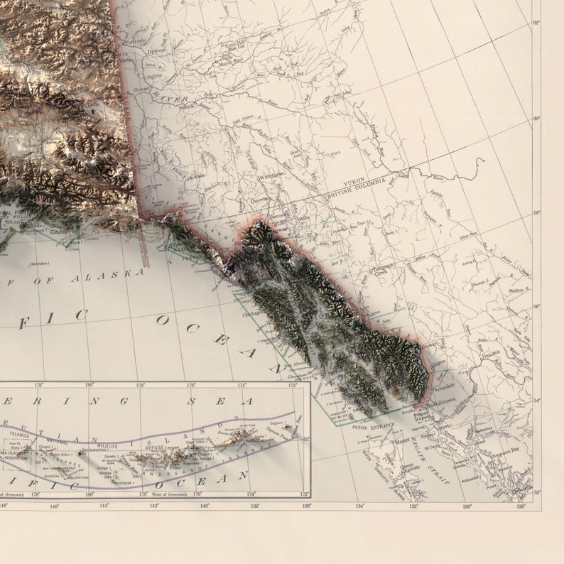 May include: A detailed relief map of Alaska and parts of Canada, showcasing mountainous terrain and coastal regions. The map features a vintage aesthetic with shaded relief, highlighting geographical features. The Bering Sea and Pacific Ocean are labeled.