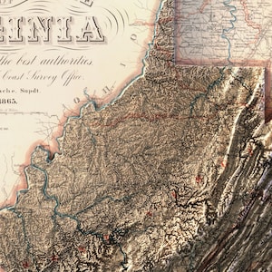 May include: A detailed vintage map of Virginia, featuring topographical details and geographical features. The map is in sepia tones with blue and red accents, and includes text such as "Virginia" and "Coast Survey Office."
