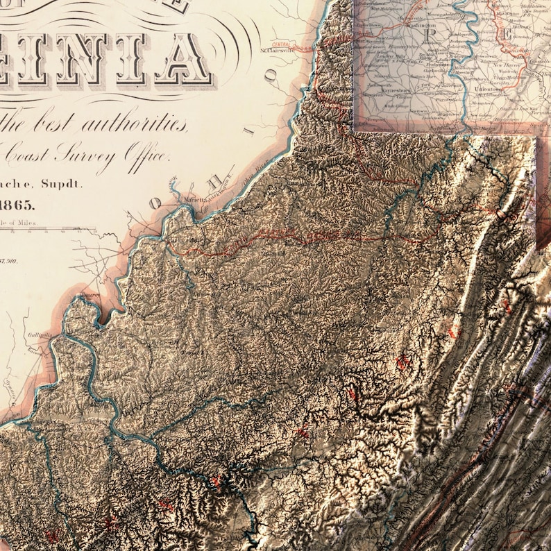 May include: A detailed vintage map of Virginia, featuring topographical details and geographical features. The map is in sepia tones with blue and red accents, and includes text such as "Virginia" and "Coast Survey Office."