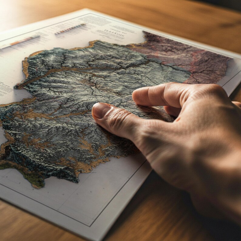 May include: A detailed 3D topographical map, featuring shades of gray, brown, and red, is displayed on a white paper. The map is being touched by a hand, highlighting the textured relief. The map appears to be of a mountainous region.