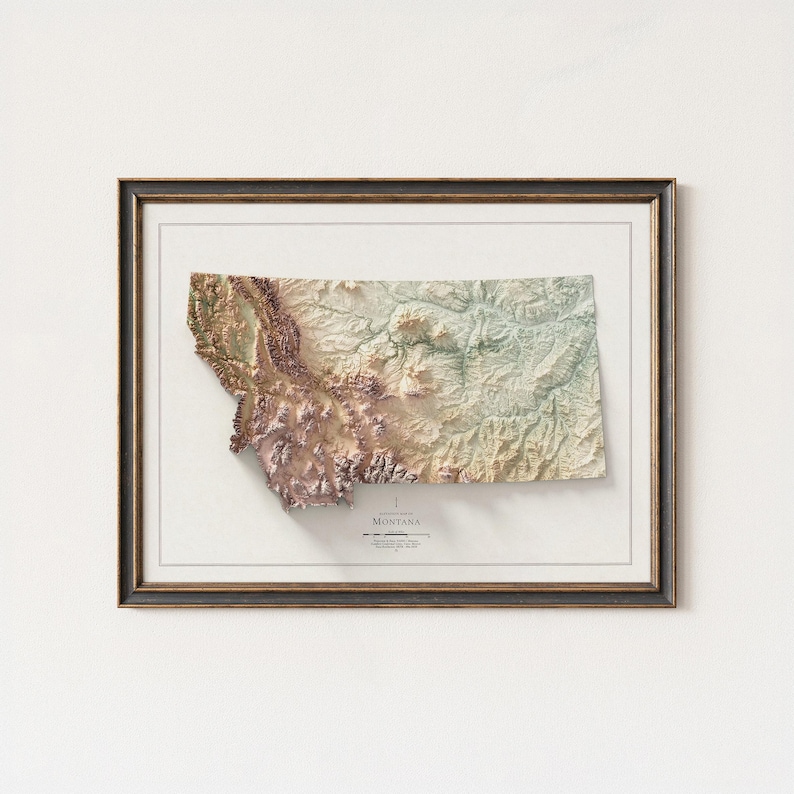 May include: A framed 3D topographical map of Montana, USA, in shades of brown, green, and beige. The map is set within a dark brown frame with a white border. The word "Montana" is printed at the bottom.